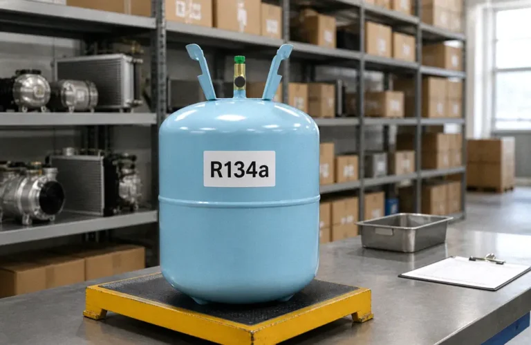 R134a refrigerant cylinder on a warehouse quality-control platform