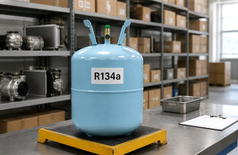 R134a refrigerant cylinder on a warehouse quality-control platform