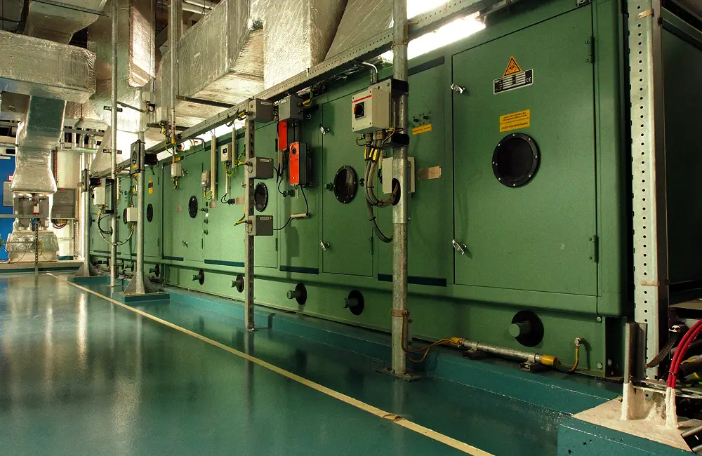 Commercial HVAC air-handler cabinet installed in a mechanical space