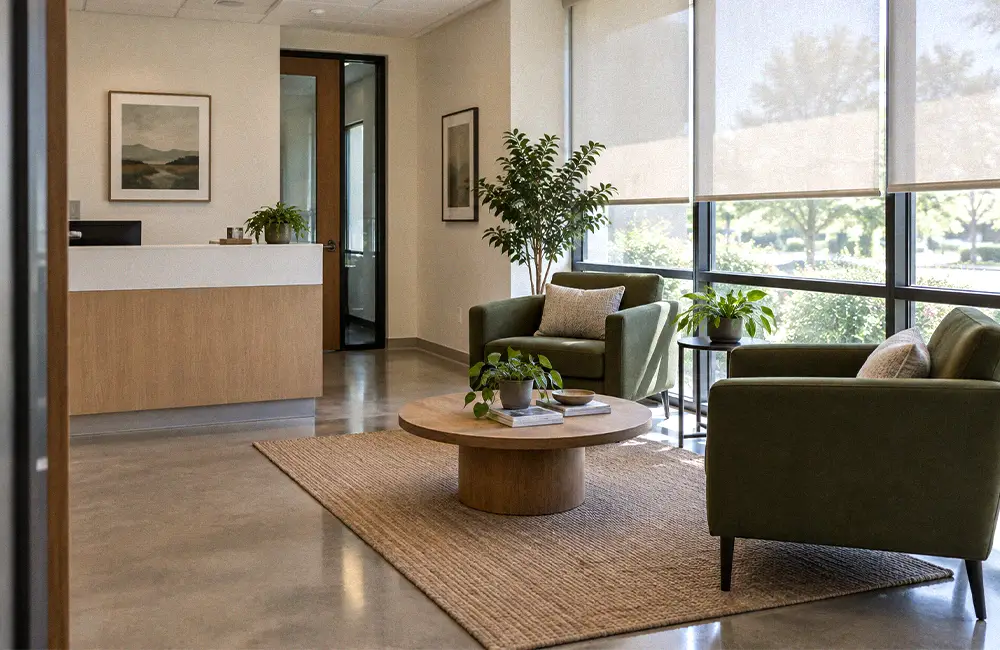 Commercial reception lounge with olive armchairs, a wooden coffee table, and shaded windows