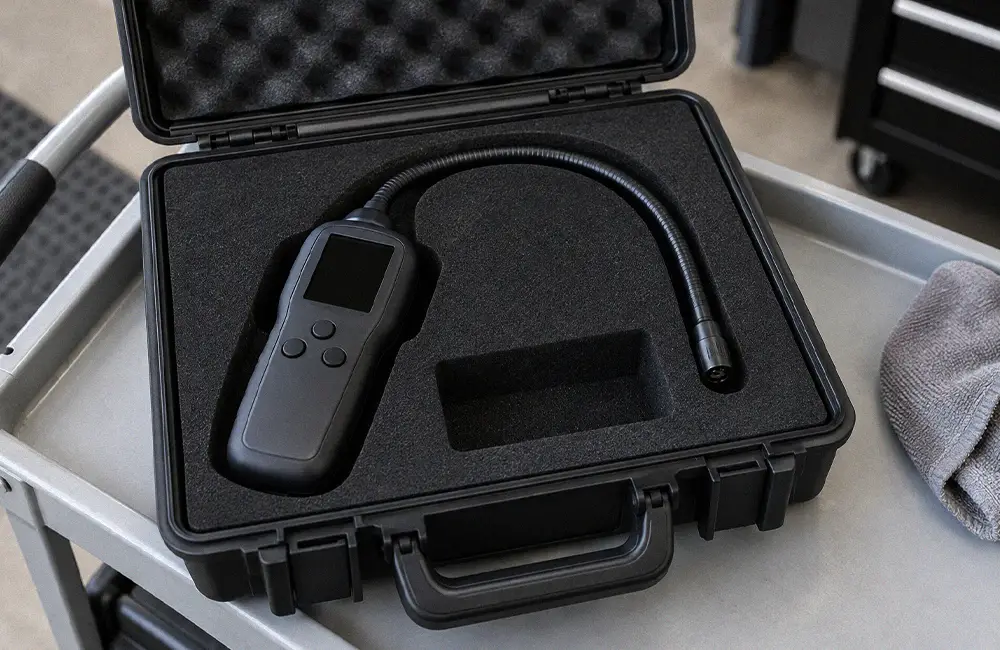 Unbranded electronic refrigerant leak detector with a flexible probe in an open carrying case