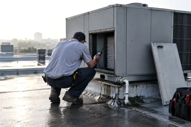 Service technician holding a digital meter at the return-air opening of a rooftop packaged HVAC unit on a hazy summer morning