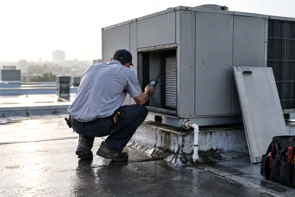 Service technician holding a digital meter at the return-air opening of a rooftop packaged HVAC unit on a hazy summer morning