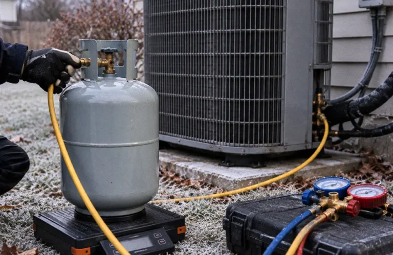 Refrigerant cylinder standing on a digital charging scale with a charging hose running to a service valve beside an outdoor unit on a frosted winter morning