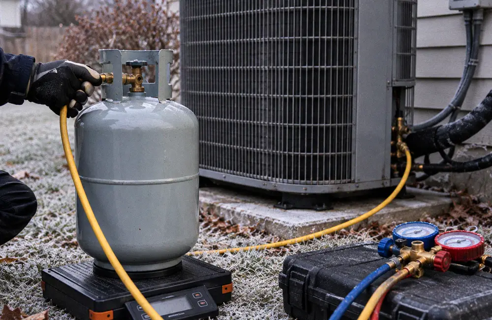Refrigerant cylinder standing on a digital charging scale with a charging hose running to a service valve beside an outdoor unit on a frosted winter morning