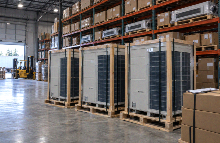Crated VRF outdoor modules and boxed branch controllers stacked on steel warehouse racking at a commercial HVAC contractor
