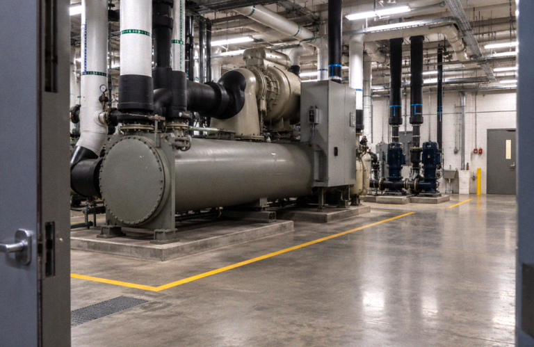 Water-cooled centrifugal chiller with insulated piping in a hospital central plant room