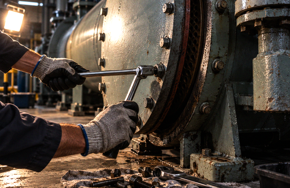 Gloved hands loosening bolts on a chiller evaporator end bell in a plant room