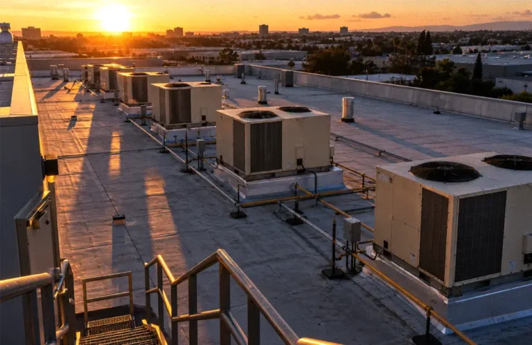 Row of rooftop packaged air conditioning units on a commercial building at dusk