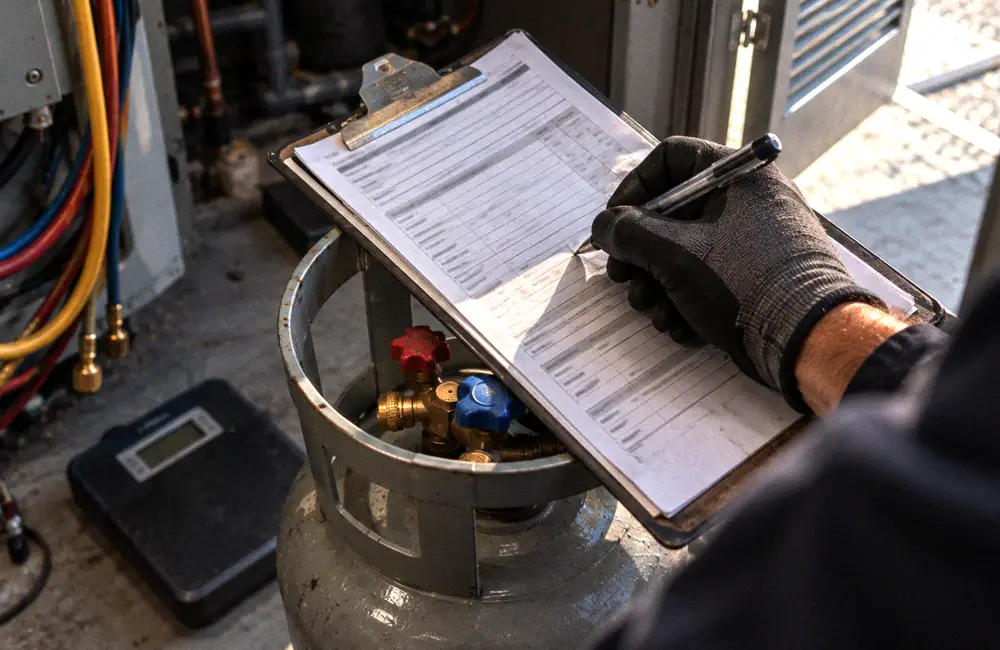 Gloved hand writing refrigerant weight on a service ticket beside a recovery cylinder