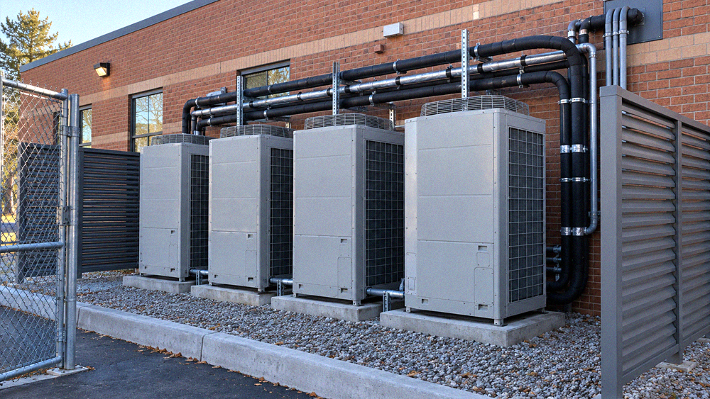 Bank of VRF outdoor modules inside a louvered equipment screen beside a school building