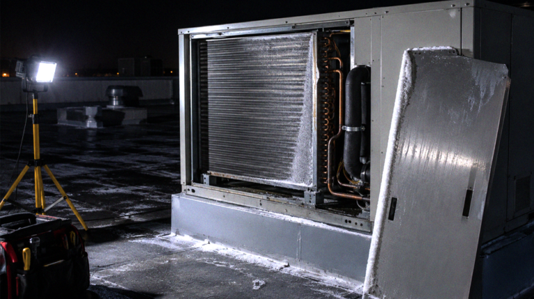 Rooftop heat pump unit with its coil access panel open during a night service call