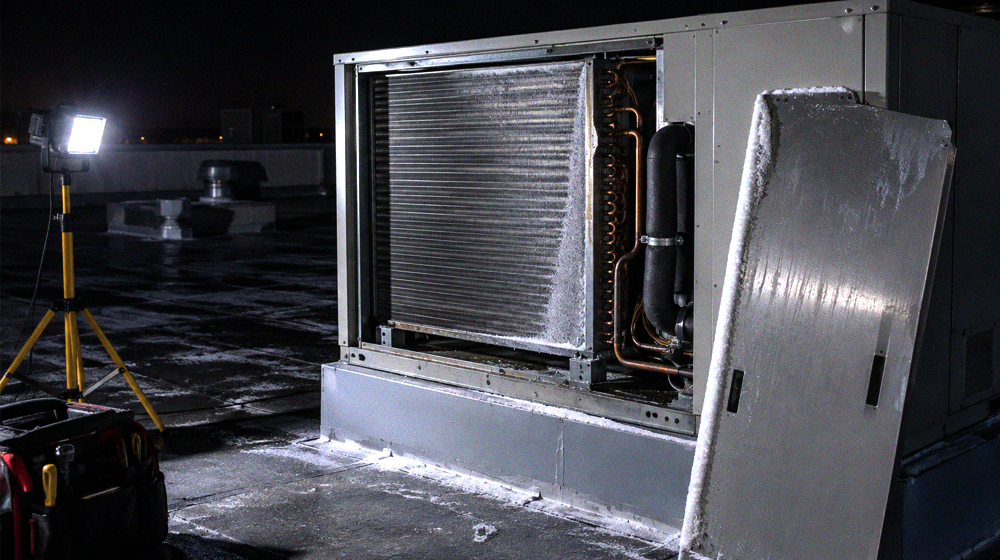 Rooftop heat pump unit with its coil access panel open during a night service call
