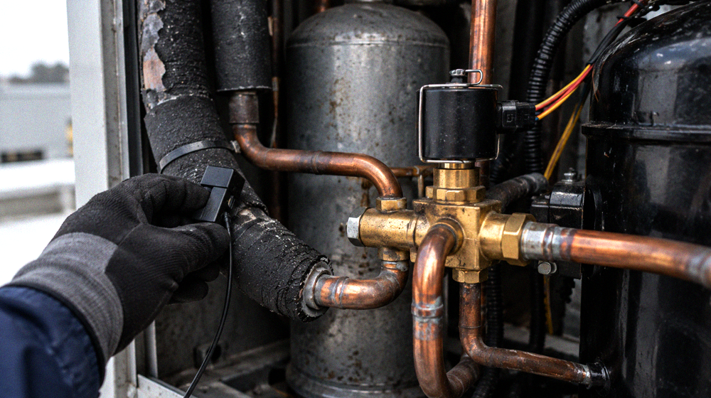 Reversing valve and solenoid coil inside an open rooftop unit compressor compartment