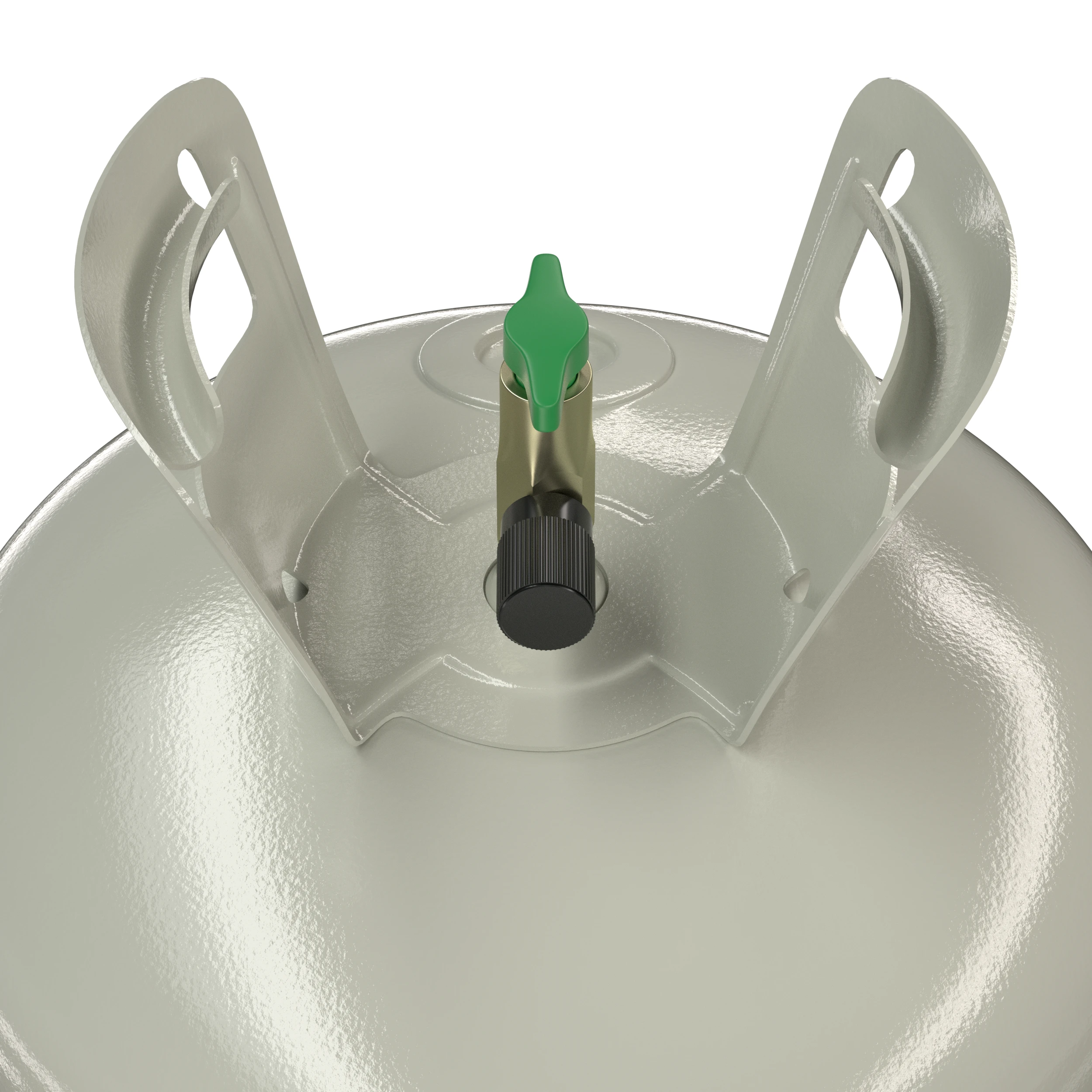 Close-up of R1234YF refrigerant cylinder valve and protective handles