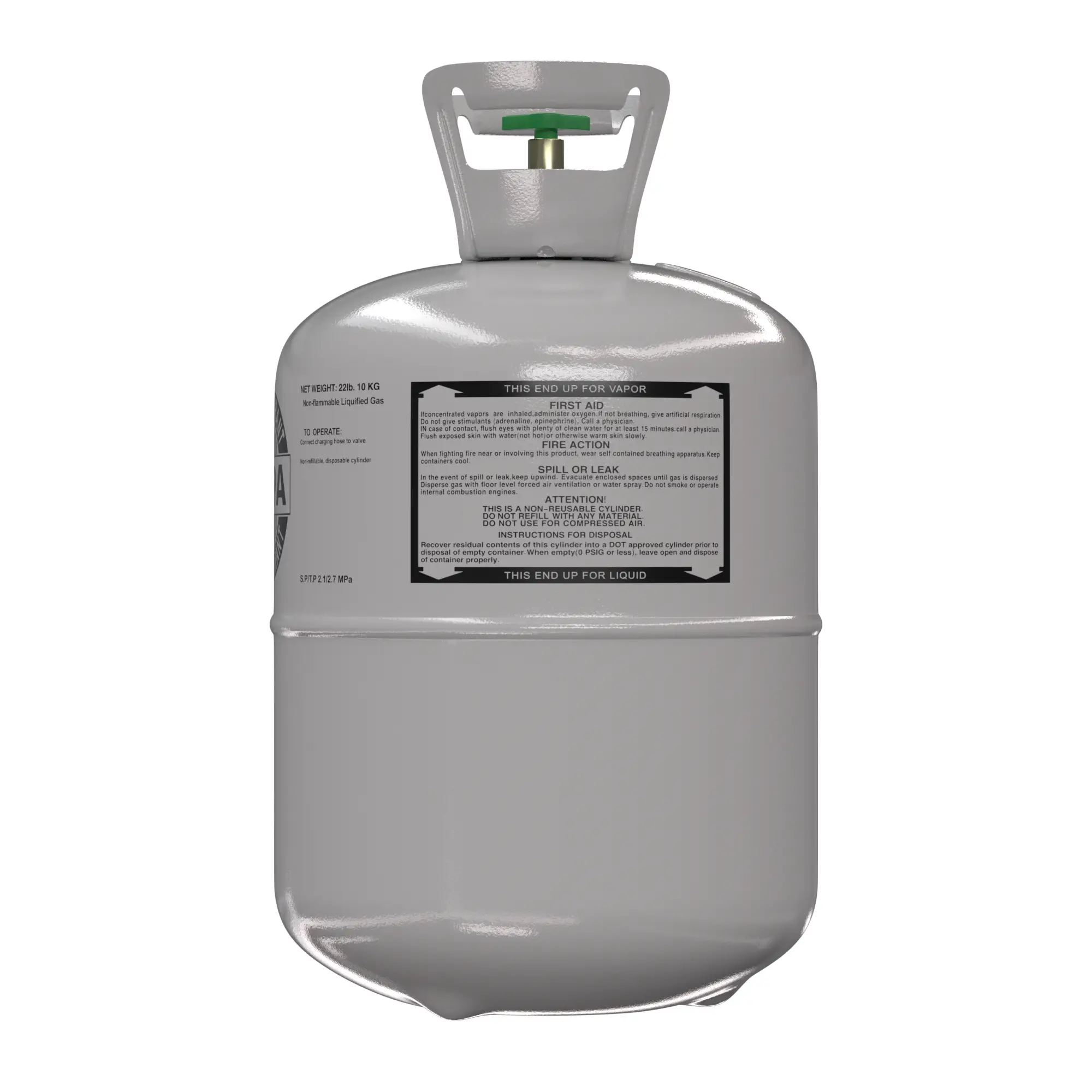 R449A 22 lb cylinder rear first-aid and disposal instructions