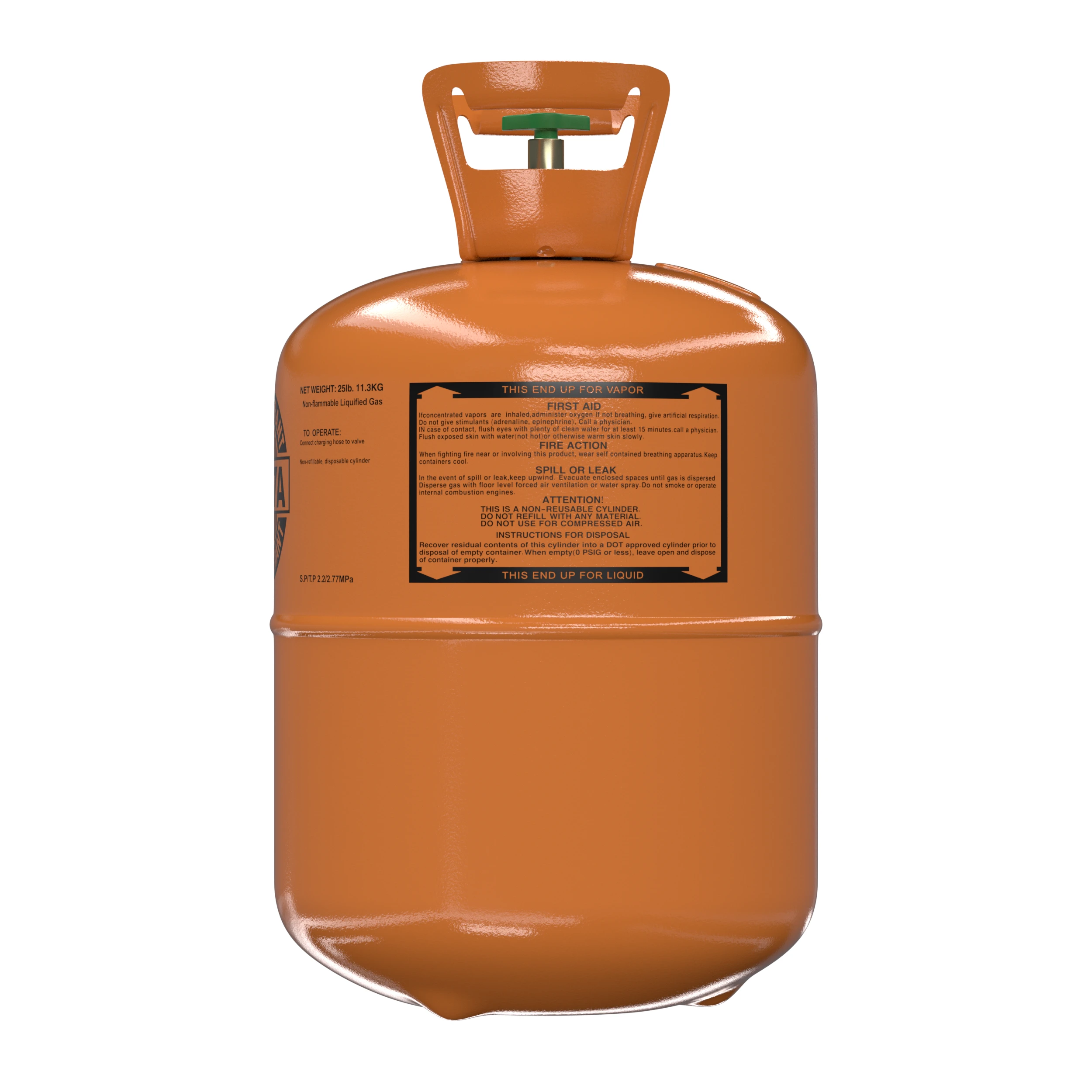 R407A 25 lb cylinder rear first-aid and disposal instructions