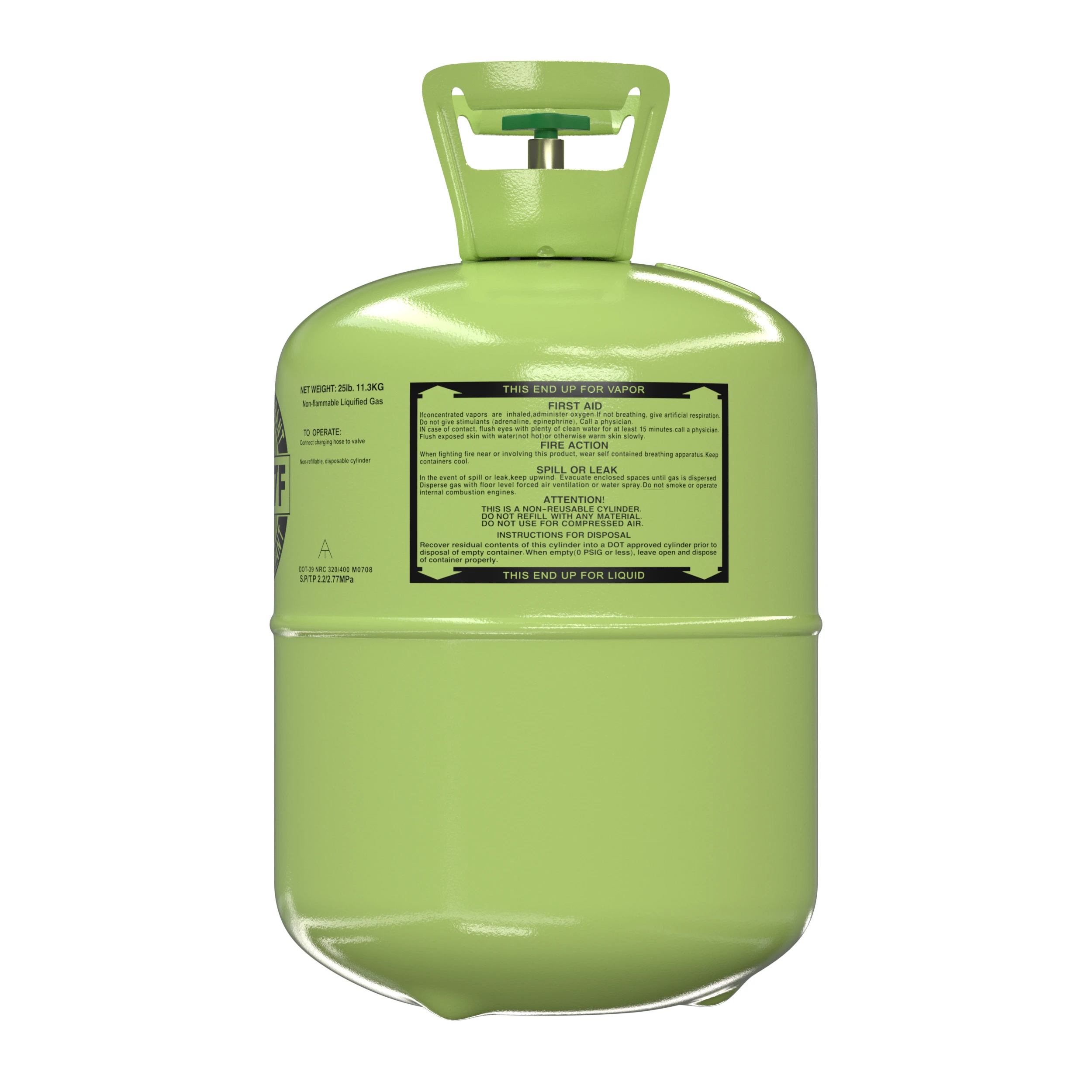 R407F 25 lb cylinder rear first-aid and disposal instructions