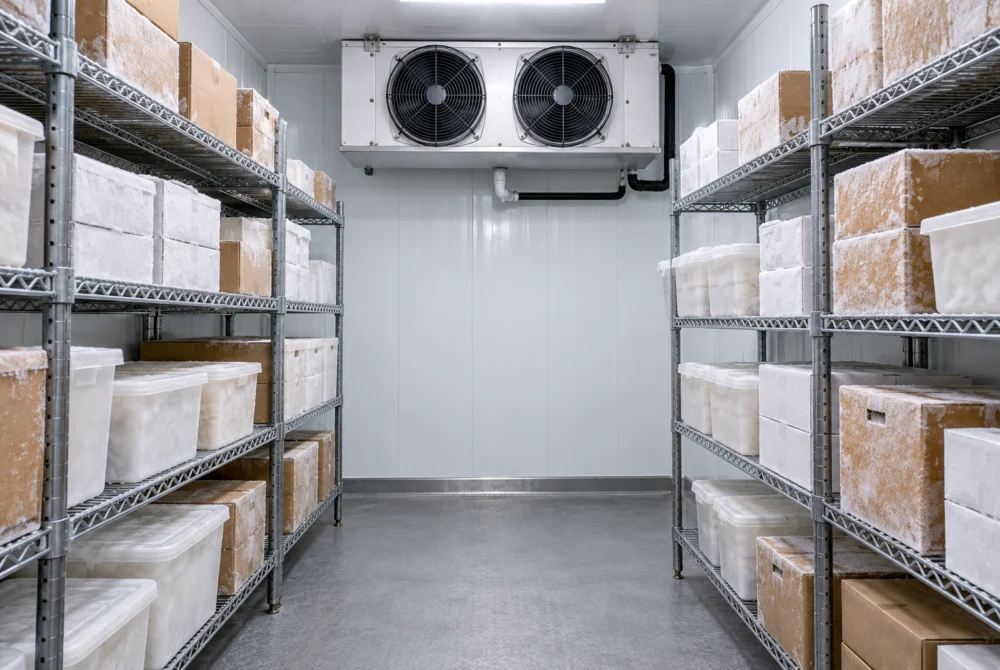 Commercial walk-in freezer with sealed frozen-food cartons, guarded evaporator and clear central aisle