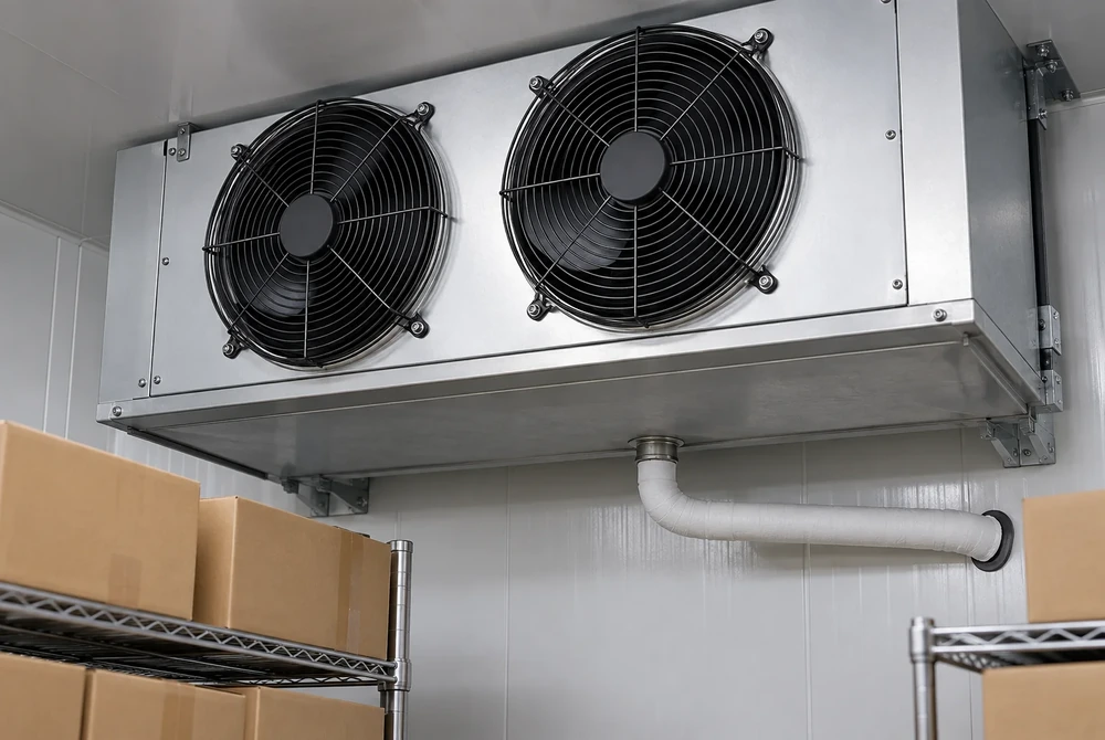 Close view of a guarded walk-in freezer evaporator and its drain connection with clear space below