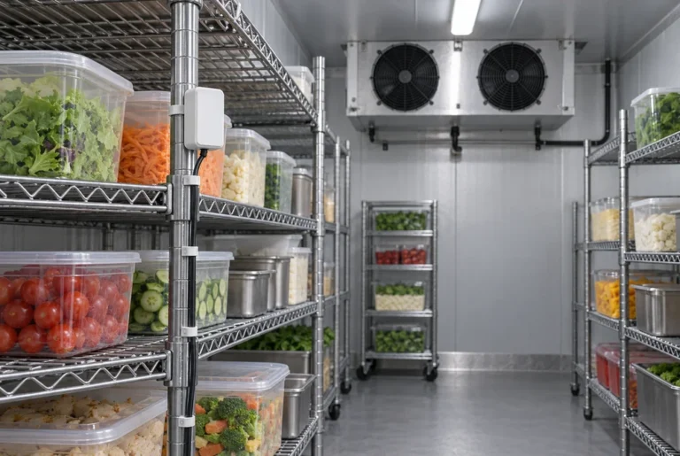 Independent temperature logger mounted beside food storage shelves in a commercial walk-in cooler