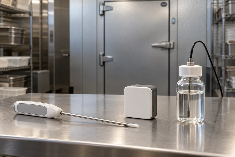 Separate food probe, air logger and buffered temperature probe on a clean restaurant work surface