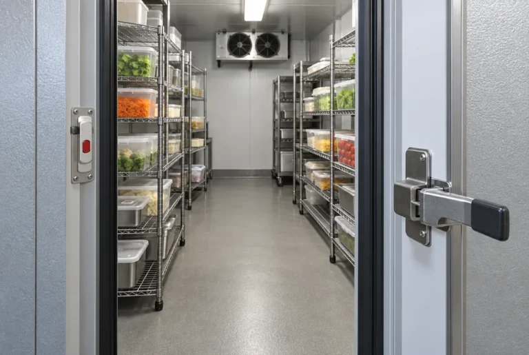 Walk-in cooler doorway with visible seal and latch, clear aisle and orderly covered food storage
