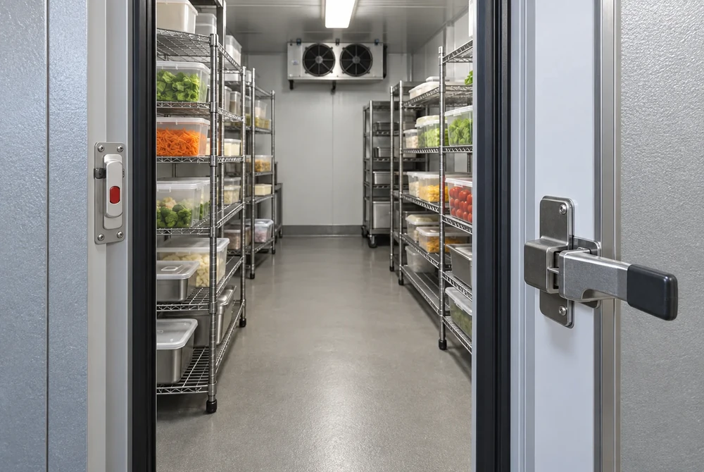 Walk-in cooler doorway with visible seal and latch, clear aisle and orderly covered food storage