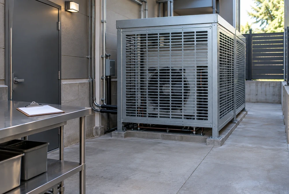 Guarded refrigeration condensing unit with clear surrounding access and an inspection clipboard nearby