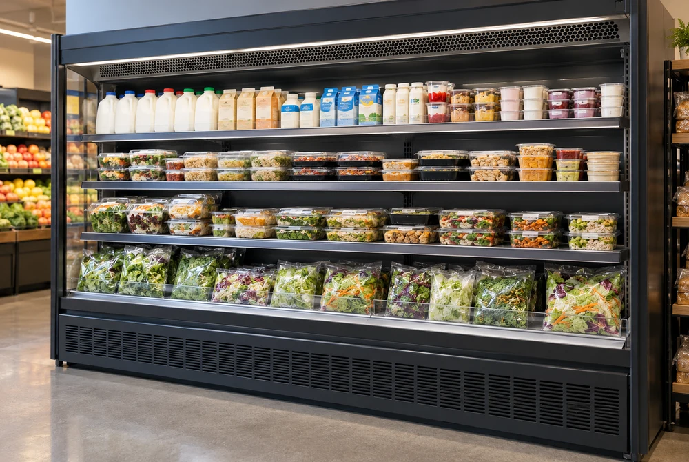 Illustrative open-front refrigerated grocery display with dairy and prepared foods arranged on shelves