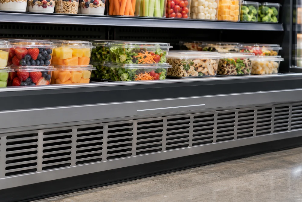 Illustrative close view of merchandise above the ventilated base of an open refrigerated display