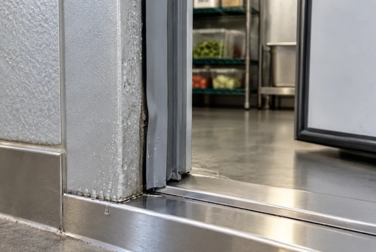 Condensation droplets on a commercial walk-in cooler door jamb beside the gasket