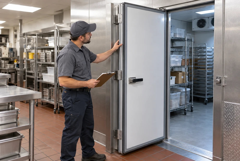 Commercial maintenance worker inspecting walk-in door gasket contact and alignment with a clipboard