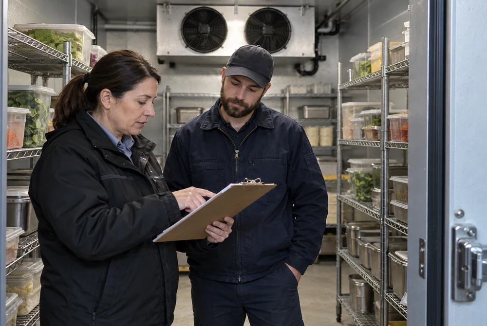 Manager and refrigeration technician reviewing a recovery record inside a commercial cooler