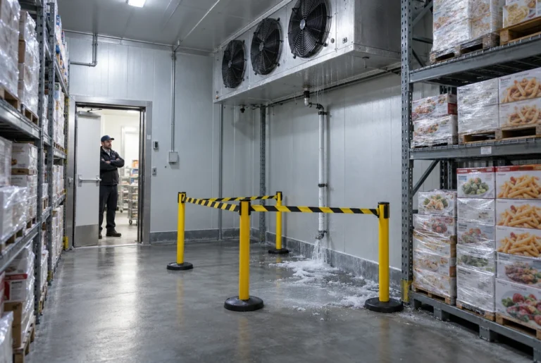 Manager observing a restricted icy area beneath a walk-in freezer evaporator