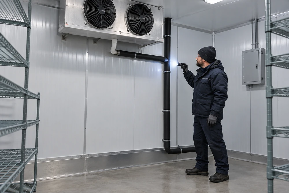 Technician inspecting an insulated freezer drain route with a flashlight