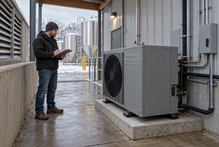 Facility manager recording observations beside a closed walk-in cooler condensing unit in an unheated service area