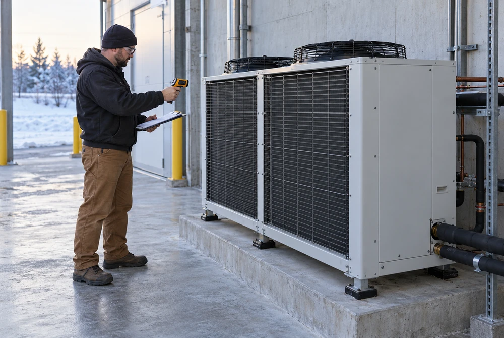 Technician comparing an ambient observation with service notes beside a closed commercial condensing unit