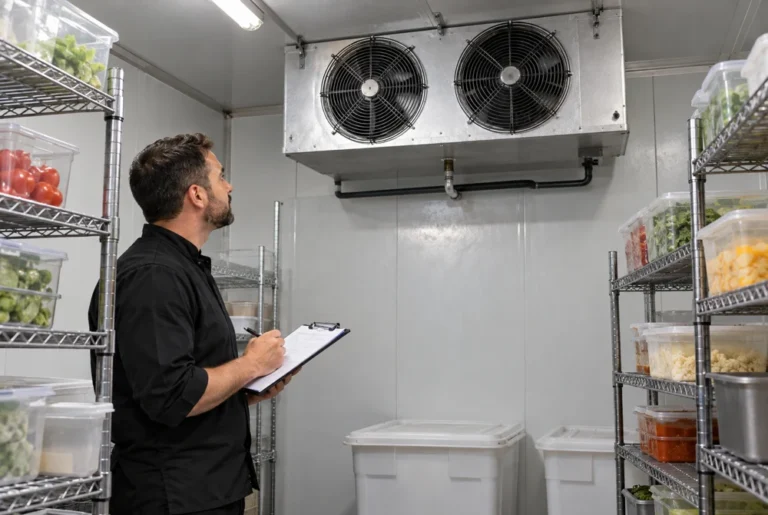 Manager observing a guarded ceiling evaporator from the floor of a walk-in cooler