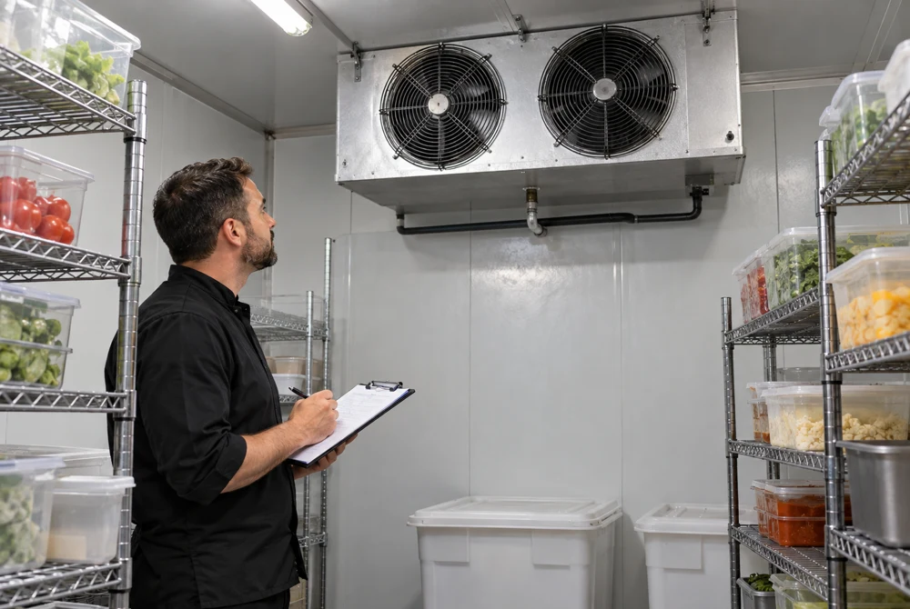 Manager observing a guarded ceiling evaporator from the floor of a walk-in cooler
