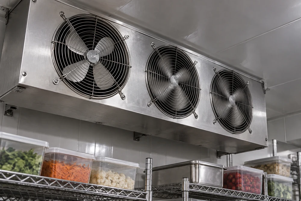 Guarded commercial evaporator with one visibly stationary fan beside operating fans