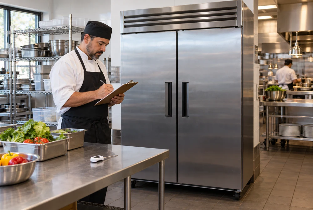 Kitchen manager recording observations beside a closed commercial reach-in refrigerator