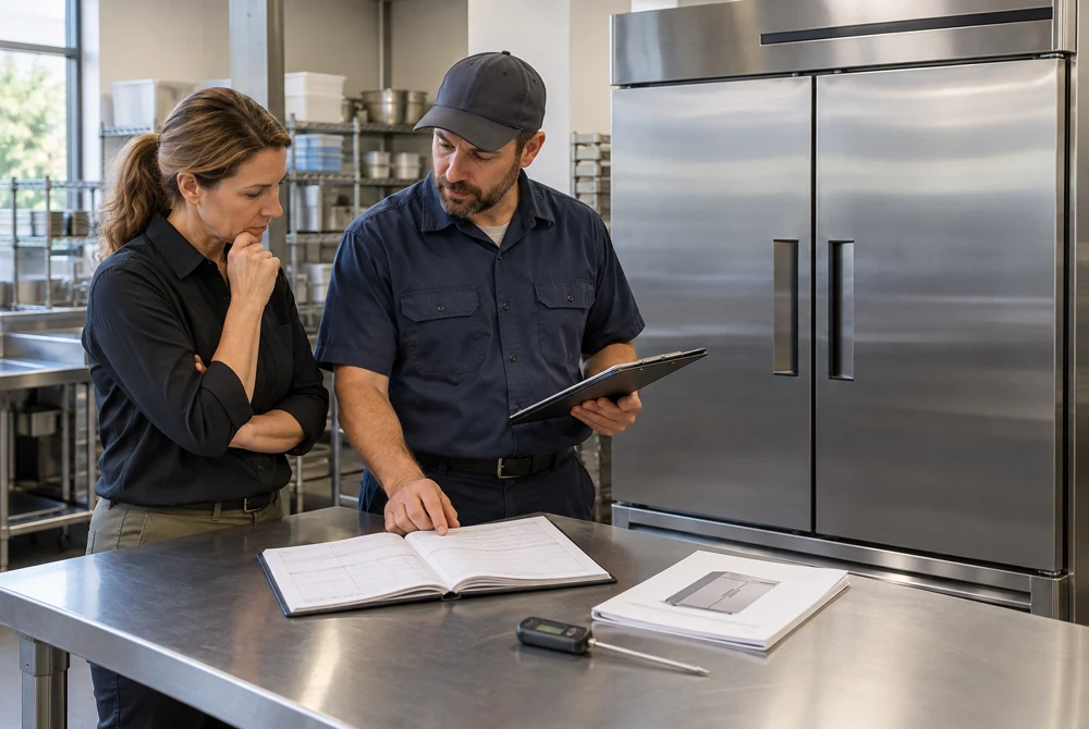Facility manager and technician reviewing maintenance records beside a closed reach-in refrigerator