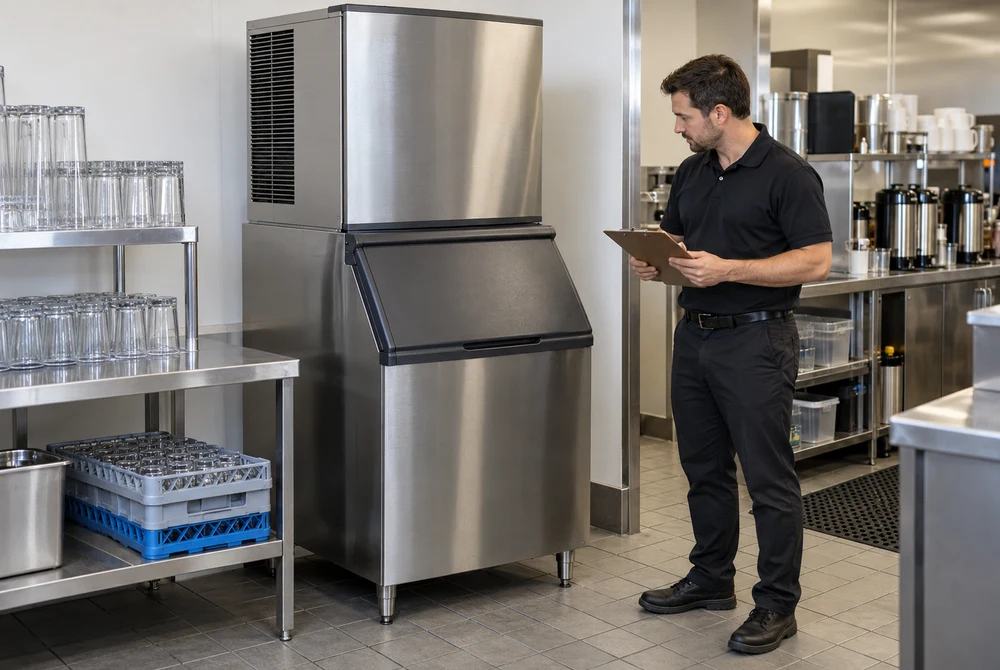 Restaurant manager reviewing records beside a closed commercial ice maker and storage bin