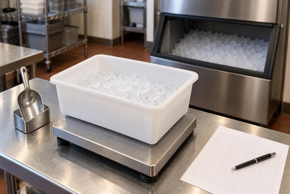 Clean container of crescent ice on a platform scale beside an observation sheet