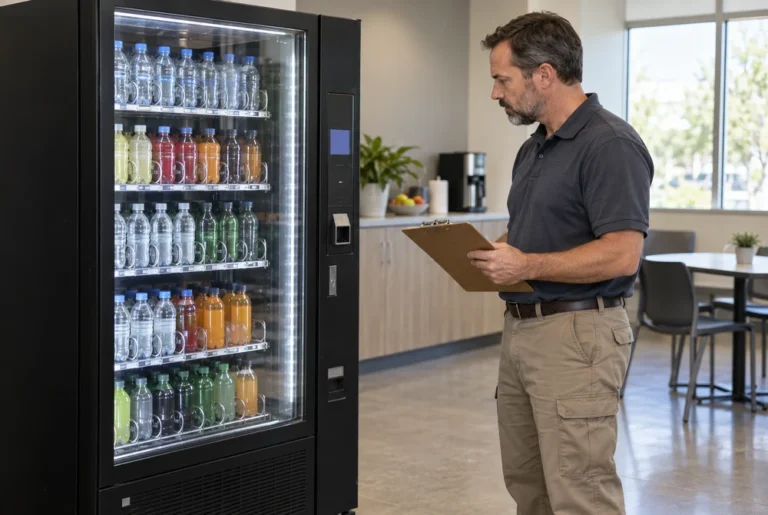 Facilities manager reviewing records beside a refrigerated beverage vending machine