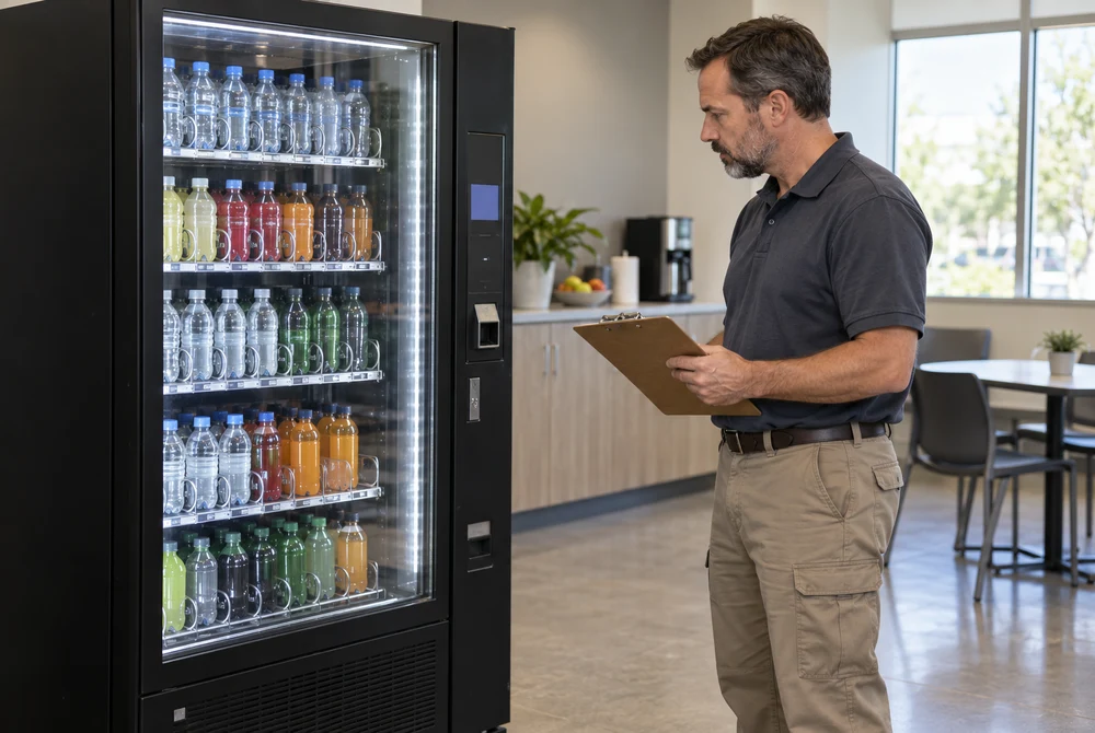 Facilities manager reviewing records beside a refrigerated beverage vending machine