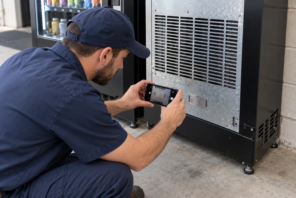 Service technician photographing an identification plate on the rear of a vending machine