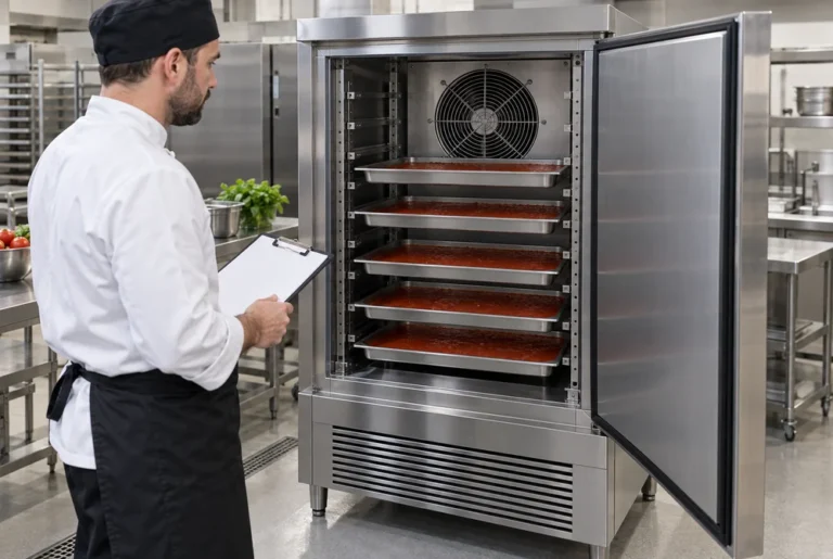 Illustrative commercial blast chiller with shallow sauce pans separated on cabinet rails