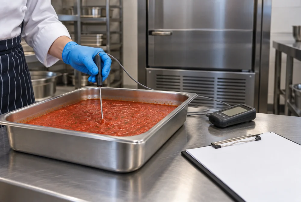 Illustrative food core probe inserted into a shallow sauce pan beside a batch record